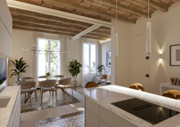Cuisine moderne ouverte sur salon avec plafond en bois et carrelage décoratif.
