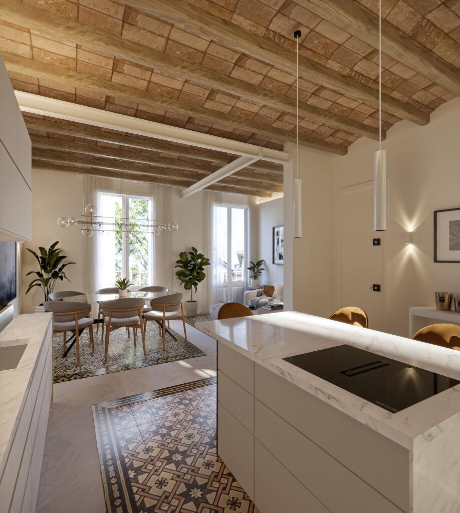 Cuisine moderne ouverte sur salon avec plafond en bois et carrelage d&eacute;coratif.