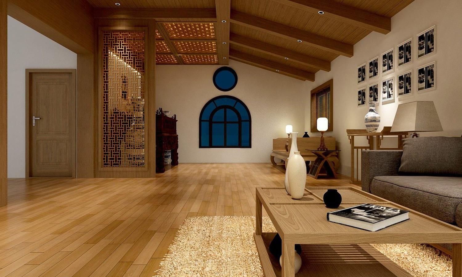 Salon moderne avec parquet, meubles en bois et décoration élégante.